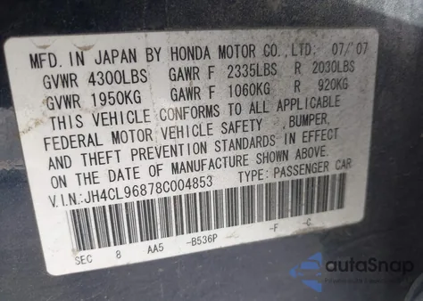2008 Acura Tsx из США, поврежденный, VIN JH4CL96878C004853